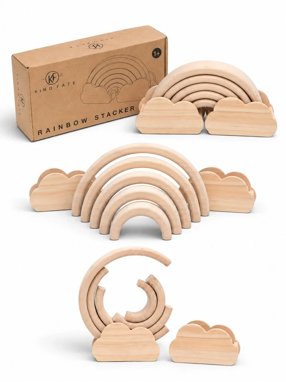 Kind Fate Wooden Rainbow Stacker Montessori Toy Natural Wood Waldorf Clouds